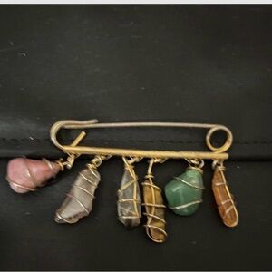Artisan Wire-Wrapped Natural Stone Charm Brooch | Gold Tone Boho Luxe